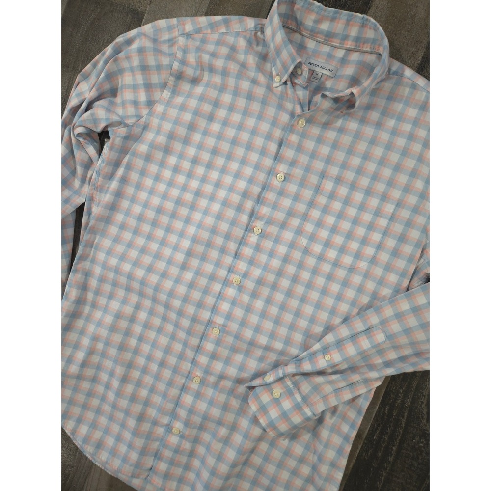 Peter Millar Mens Gingham Check Long Sleeve Button Down Light Blue Peach Size M